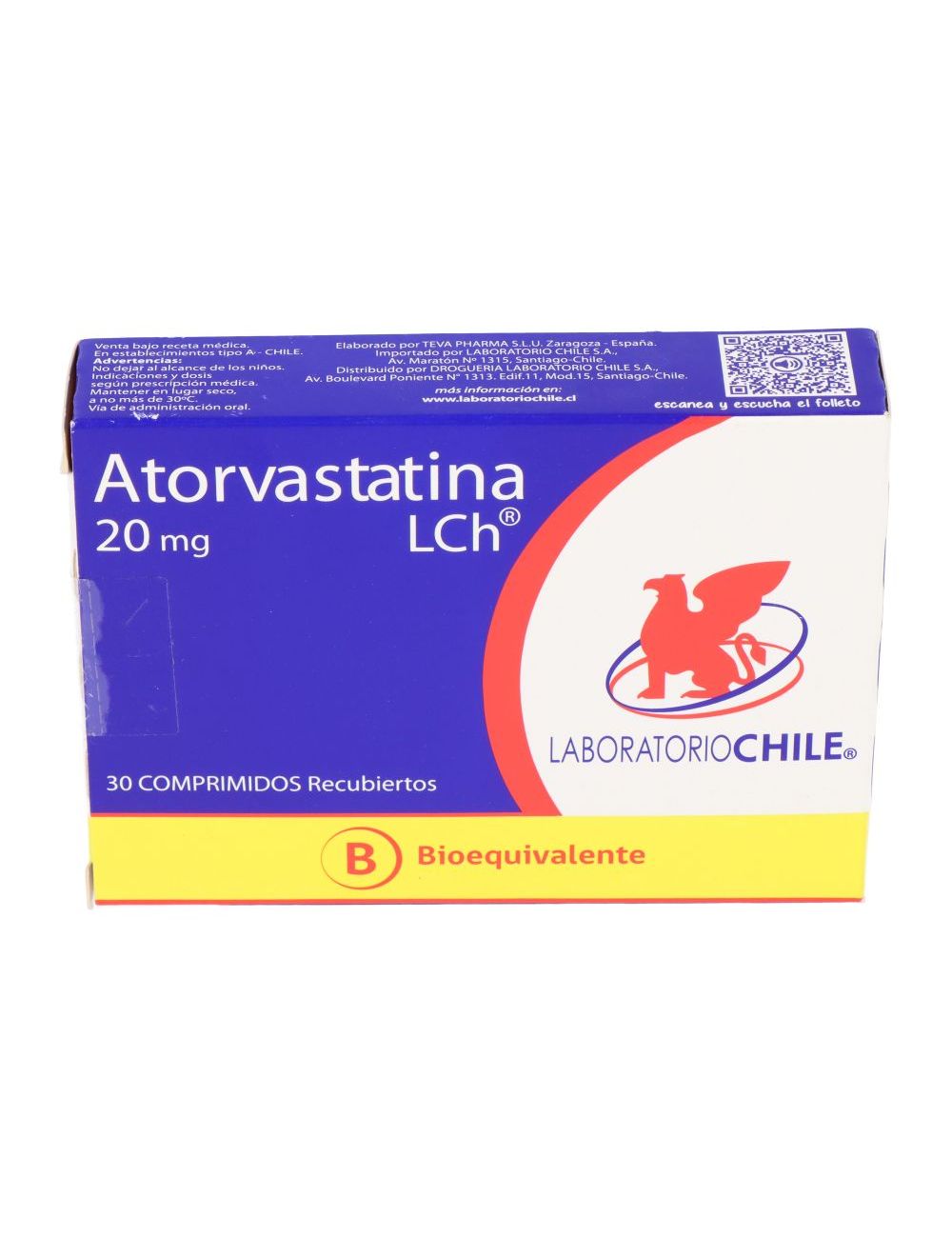 ATORVASTATINA 20 MG 30 COMPRIMIDOS BIOEQUIVALENTE LABORATORIO CHILE