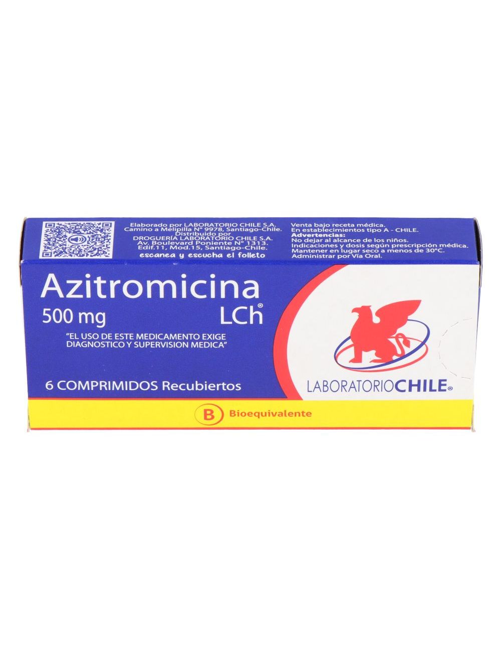 AZITROMICINA 500 MG 6 COMPRIMIDOS RECUBIERTOS BIOEQUIVALENTE LABORATORIO CHILE