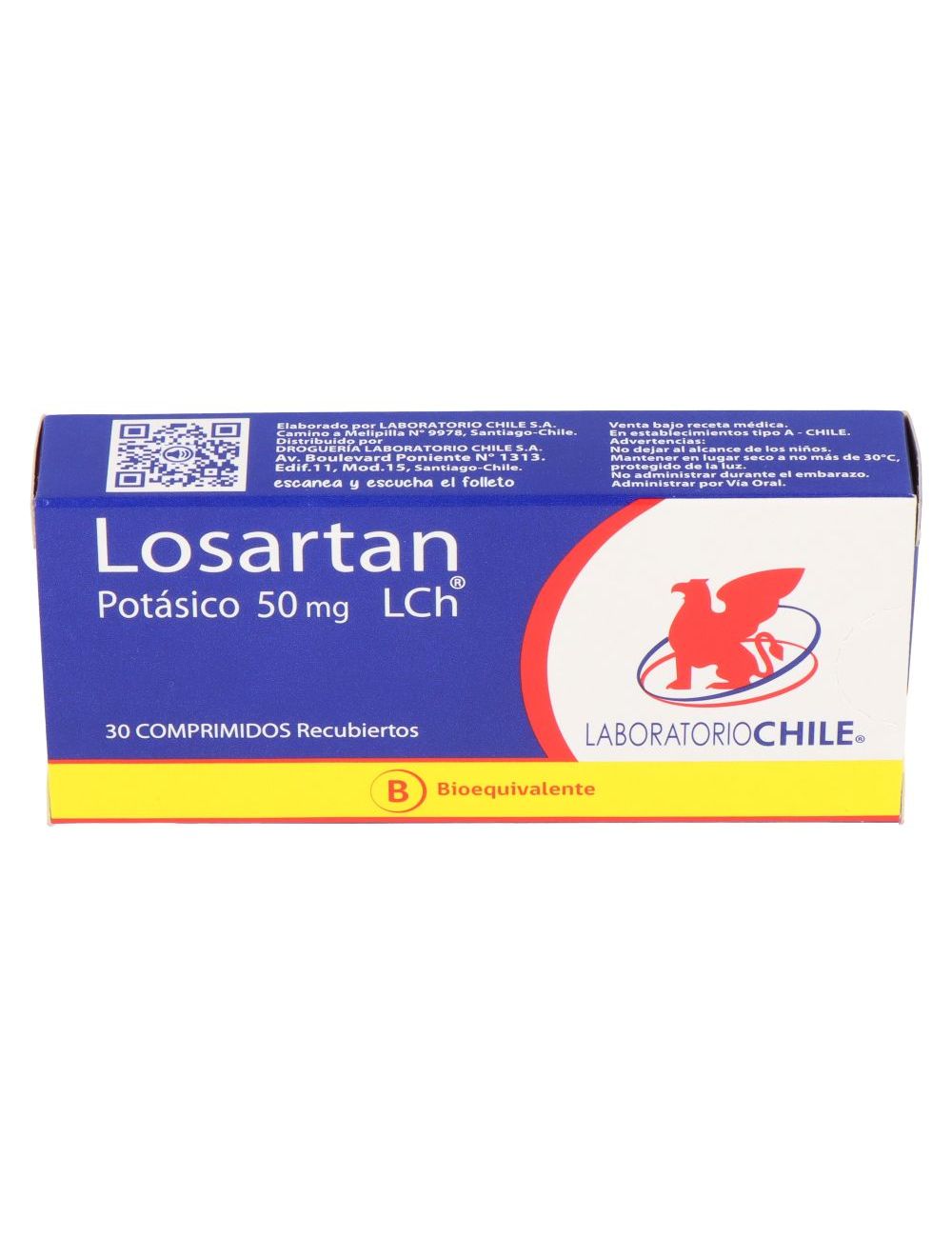 LOSARTAN POTASICO 50MG 30 COMPRIMIDOS RECUBIERTOS BIOEQUIVALENTE LABORATORIO CHILE.