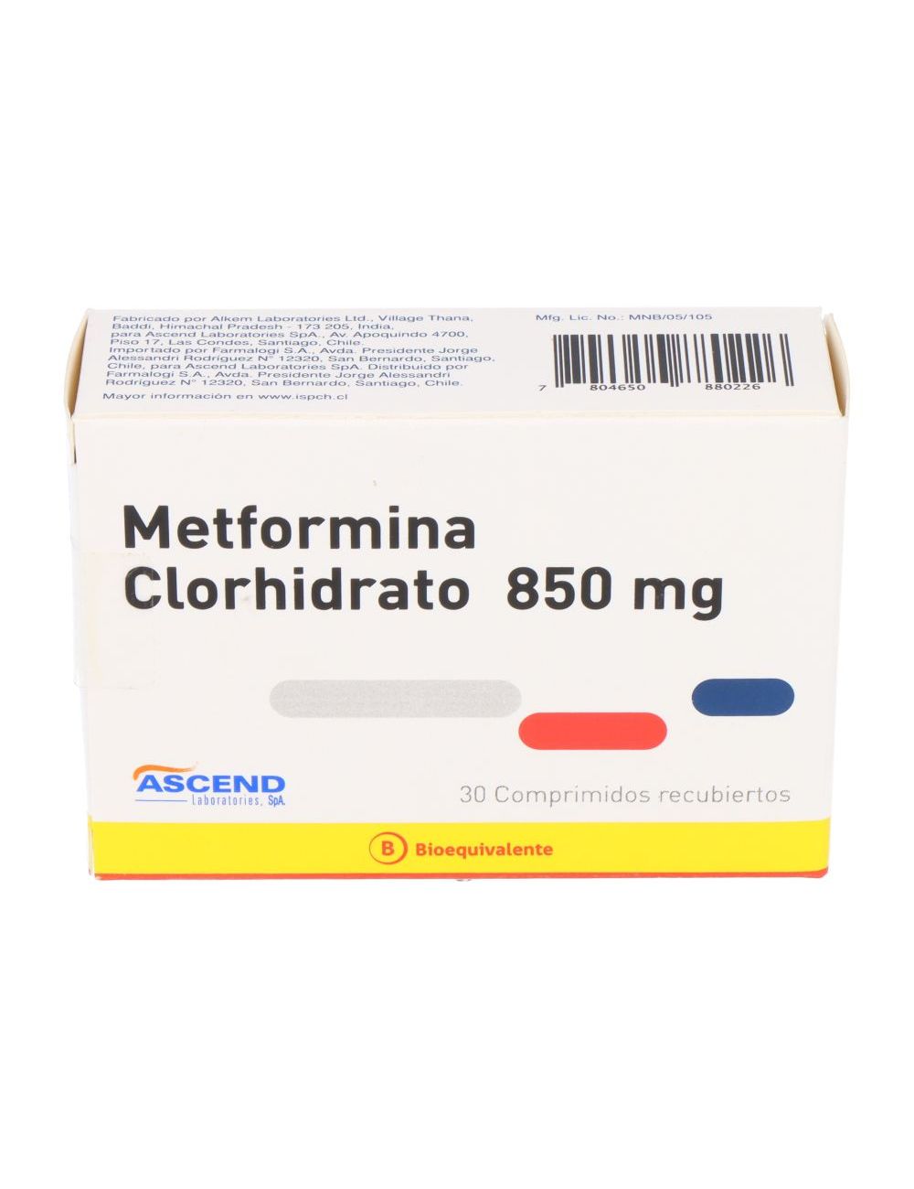 METFORMINA 850MG 30 COMPRIMIDO RECUBIERTOS BIOEQUIVALENTE ASCEND