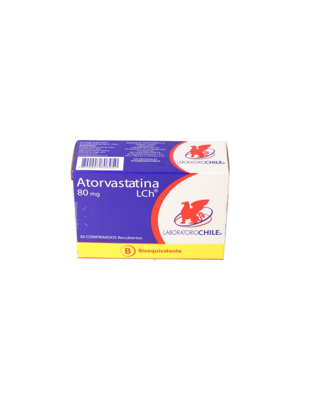 ATORVASTATINA 80 MG 30 COMPRIMIDOS BIOEQUIVALENTE LABORATORIO CHILE CENABAST